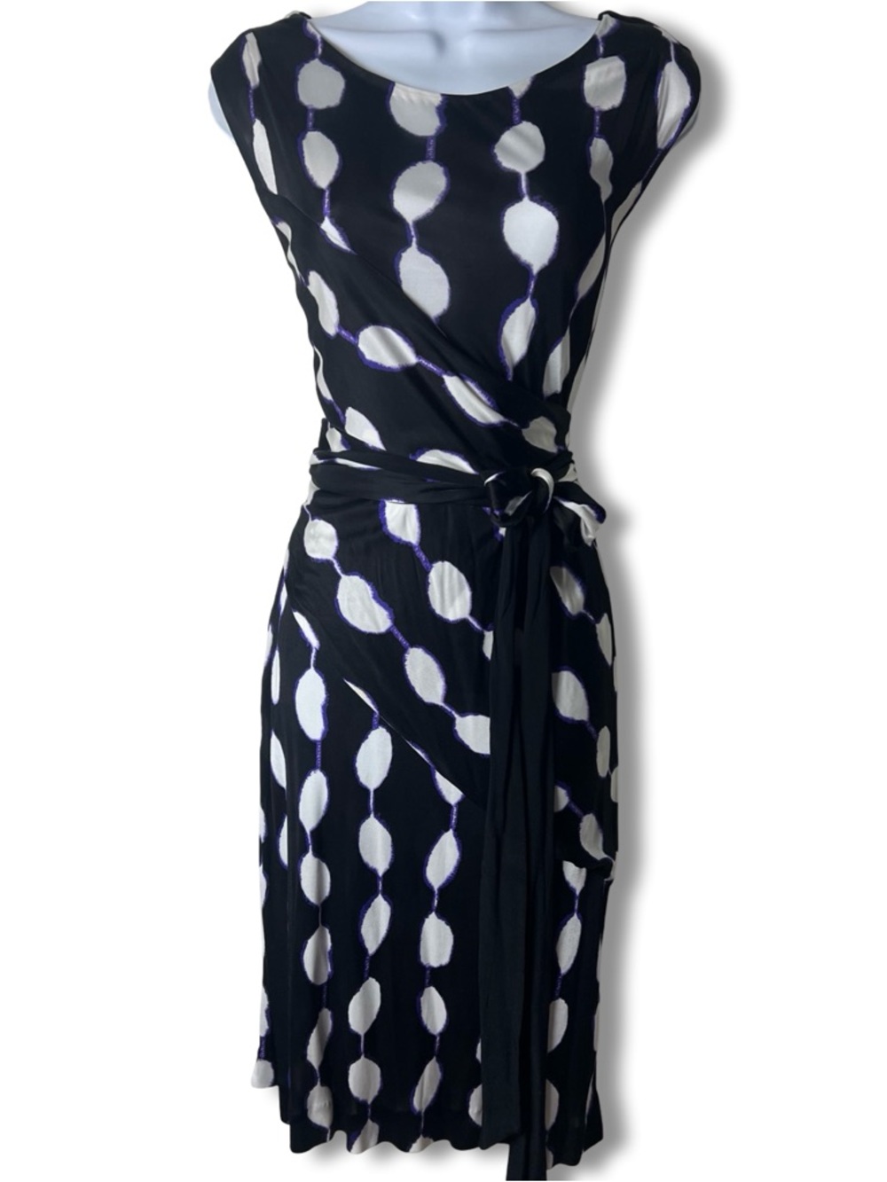 Black and White Printed Wrap Dress with Belt